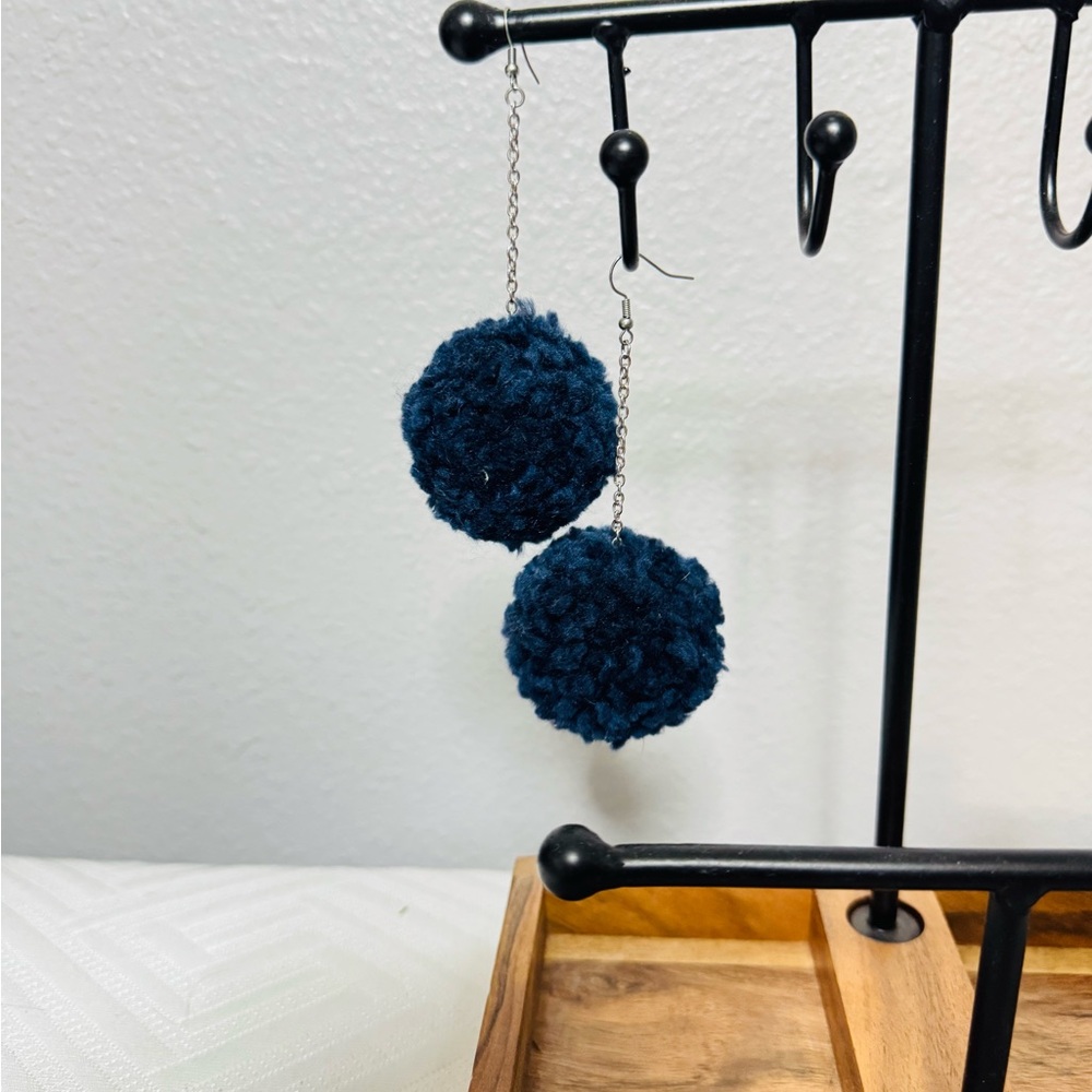 Blue Pom Pom Earrings